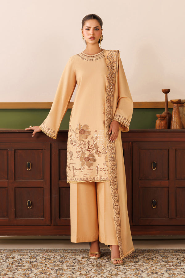 NAQSHI Melia beige cambric ready-to-wear outfit with straight embroidered shirt, plain culotte trousers, and crinkle dupatta