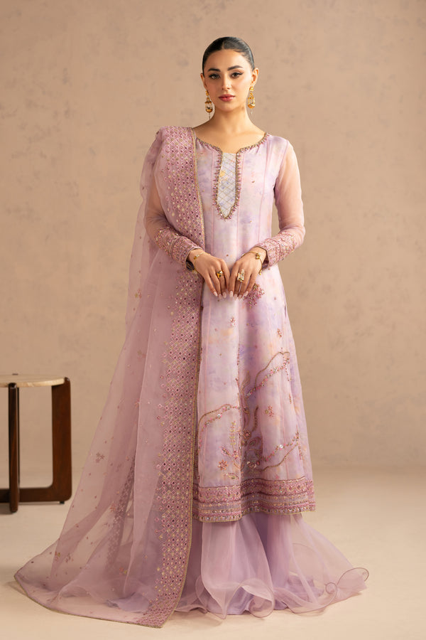 Akeza mauve 3 piece luxury pret frock with organza layer and printed PK raw silk inner, flared A line silhouette with sharara and embroidered organza dupatta, ready to wear occasion outfit.