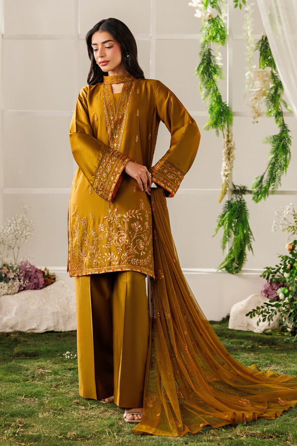 NAQSHI Eda golden brown ready-to-wear casual outfit with cotton satin straight shirt, culotte trousers, and embroidered net dupatta