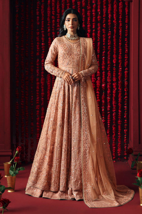 NAQSHI Ashiayana peach frock with stylized neckline, angled sleeves, sequined embroidered panels and net dupatta