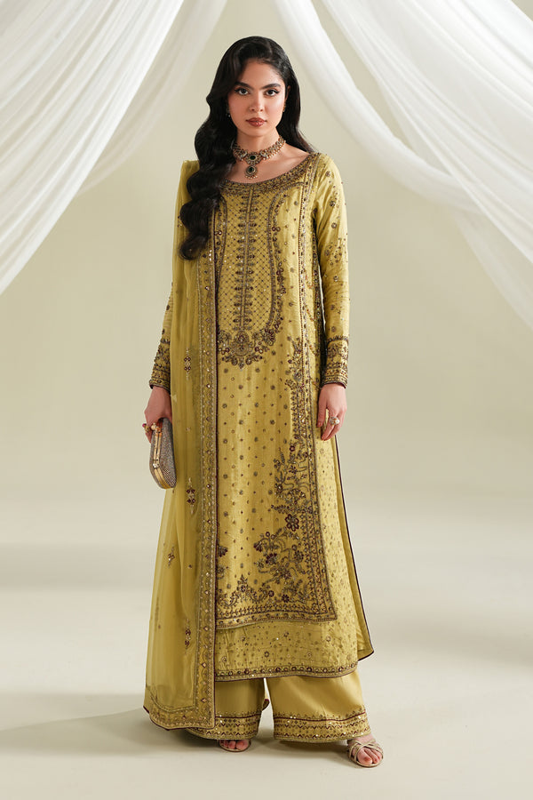Golden embroidered formal long shirt with culotte and dupatta, full front view, elegant ready-to-wear outfit for weddings and festive events
