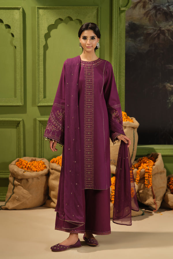 NAQSHI Huram plum three piece ready to wear outfit front view with embroidered Pima lawn shirt, cambric culotte trousers, and crinkle dupatta