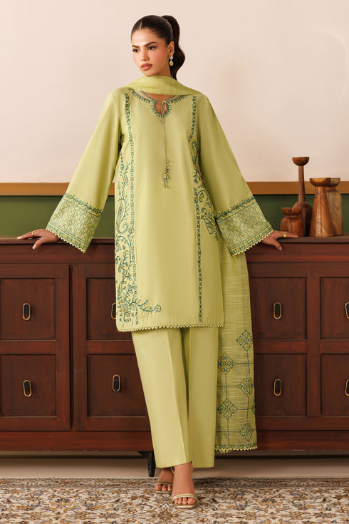 NAQSHI light green cambric ready-to-wear outfit with loose embroidered shirt, culotte trousers, and cotton organza dupatta
