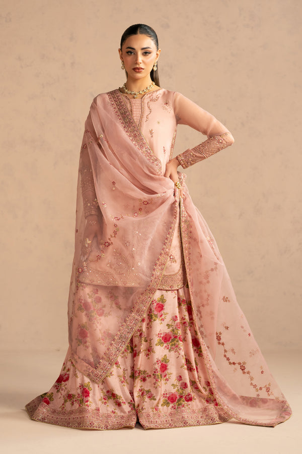 Hayaam peach 3 piece semi formal outfit with organza shirt, digital PK raw silk sharara and embroidered organza dupatta, ready to wear occasion dress.