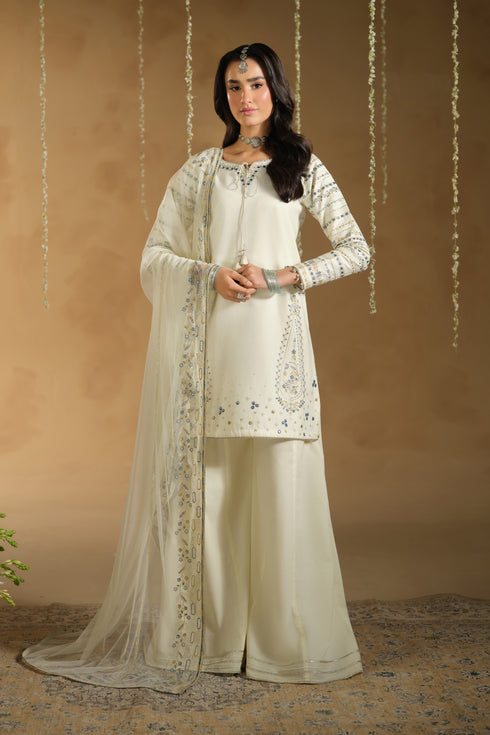 Konain 3 piece ready to wear Eid outfit in off white Pima lawn straight shirt with embroidery and sequin work, cambric flary pants and embroidered net dupatta – full front look