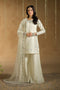 Konain 3 piece ready to wear Eid outfit in off white Pima lawn straight shirt with embroidery and sequin work, cambric flary pants and embroidered net dupatta – full front look