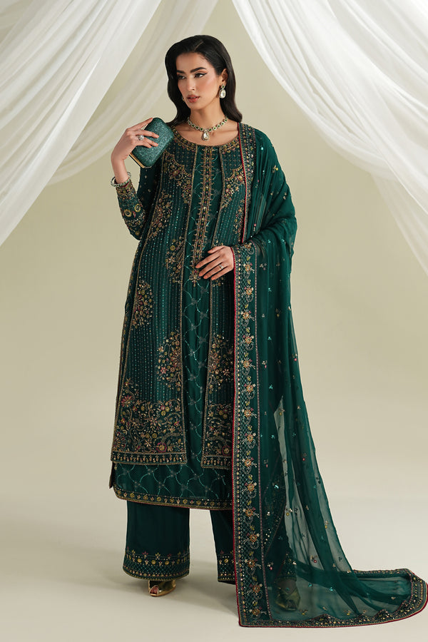 Bottle green embroidered gown style formal outfit with culotte and dupatta, full front view, elegant ready-to-wear dress for weddings and evening events.