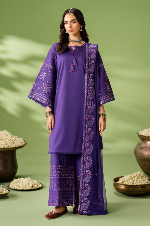 NAQSHI Uzma purple ready-to-wear outfit with lawn straight shirt, cambric culotte trousers, and embroidered net dupatta