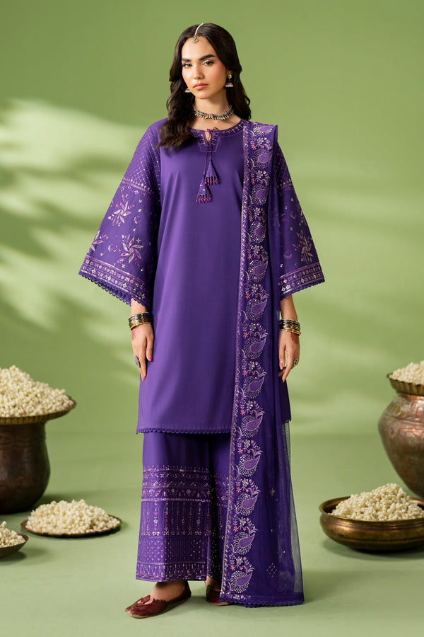 NAQSHI Uzma purple ready-to-wear outfit with lawn straight shirt, cambric culotte trousers, and embroidered net dupatta