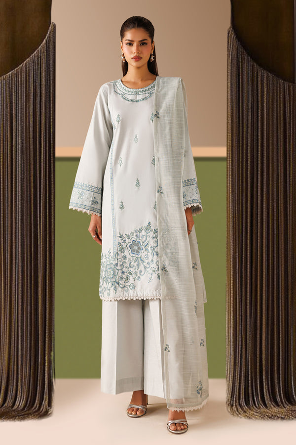 NAQSHI Piper light grey cambric ready-to-wear outfit with straight embroidered shirt, culotte trousers, and cotton organza dupatta