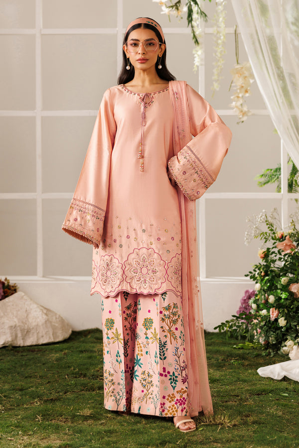 NAQSHI Hoorish peach ready-to-wear casual outfit with cotton satin shirt, printed culotte trousers, and light net dupatta