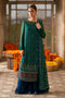 Anfa green and blue semi formal dress in crinkle chiffon with embellished long shirt, flary pants and net dupatta for festive occasions