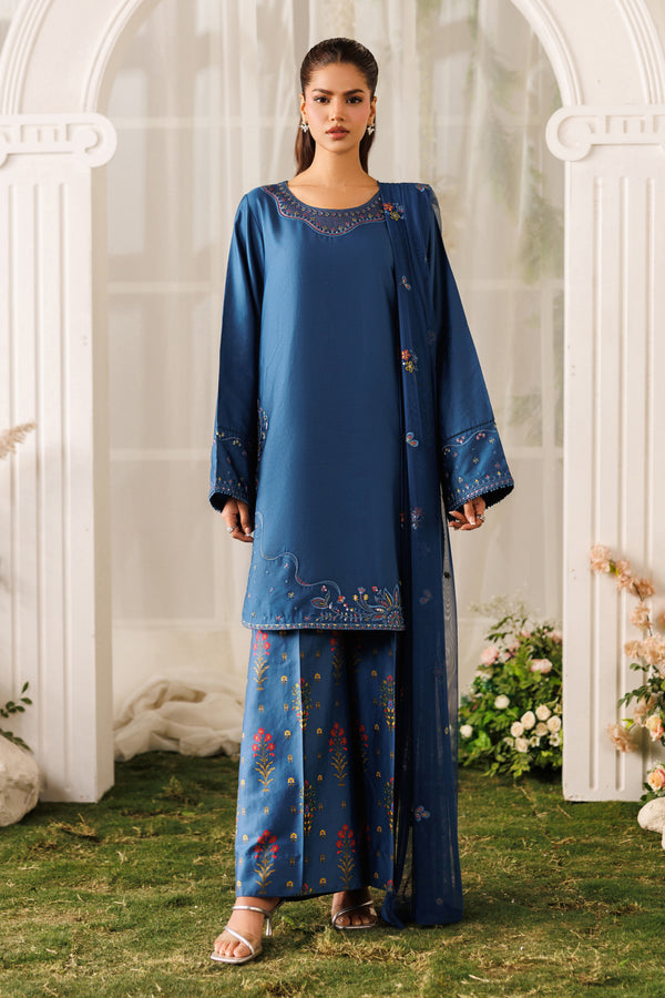 NAQSHI Mihha blue ready-to-wear casual outfit with cotton satin shirt, printed culotte trousers, and net dupatta