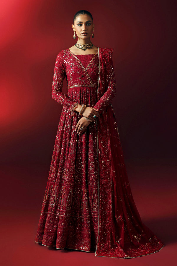 NAQSHI Zilly red floral-sequin maxi with adda-embroidered bodice, crinkle chiffon panels and tasseled dupatta