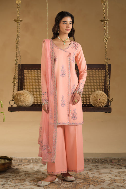 Umaiza 3 piece ready to wear Eid outfit in soft pink Pima lawn straight shirt with embroidery motifs, cambric culotte trousers and embroidered net dupatta – full front look