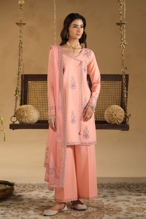 Umaiza 3 piece ready to wear Eid outfit in soft pink Pima lawn straight shirt with embroidery motifs, cambric culotte trousers and embroidered net dupatta – full front look