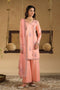 Umaiza 3 piece ready to wear Eid outfit in soft pink Pima lawn straight shirt with embroidery motifs, cambric culotte trousers and embroidered net dupatta – full front look