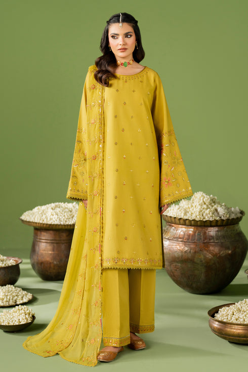 NAQSHI Isha mustard ready-to-wear outfit with lawn straight shirt, cambric trouser, and crinkle dupatta
