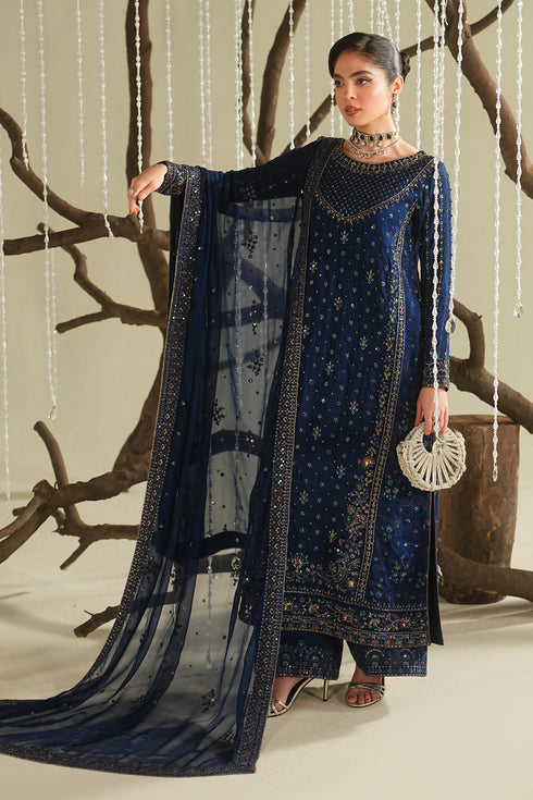 Royal blue formal 3 piece outfit with embroidered long shirt, PK raw silk culotte, and embellished dupatta, complete event wear look