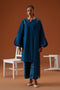 Juni teal 3-piece ready-to-wear outfit with embroidered lawn shirt, cambric culotte trouser, and printed crinkle chiffon dupatta.