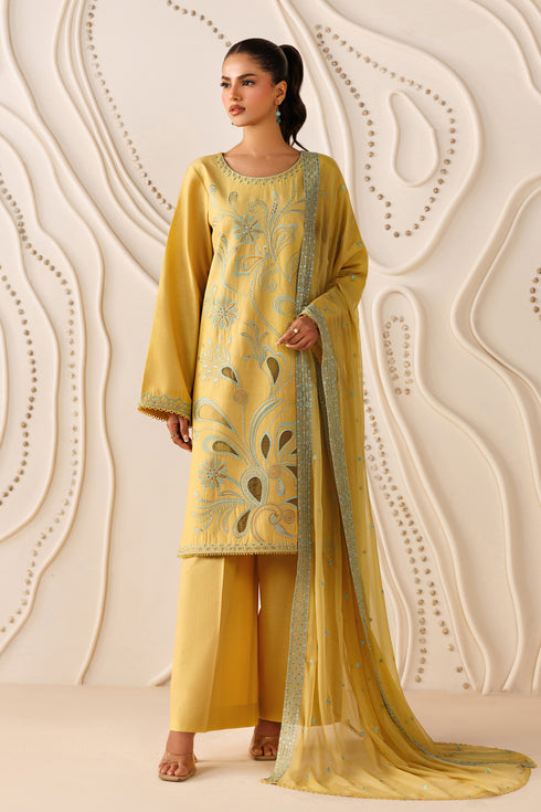 NAQSHI Mary yellow cambric ready-to-wear outfit with embroidered straight shirt, straight cambric trouser, and crinkle dupatta
