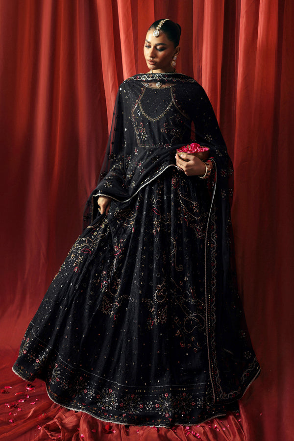 NAQSHI Mah Afroz black maxi with stylized neckline, adda embroidery, sequin panels and raw silk trousers