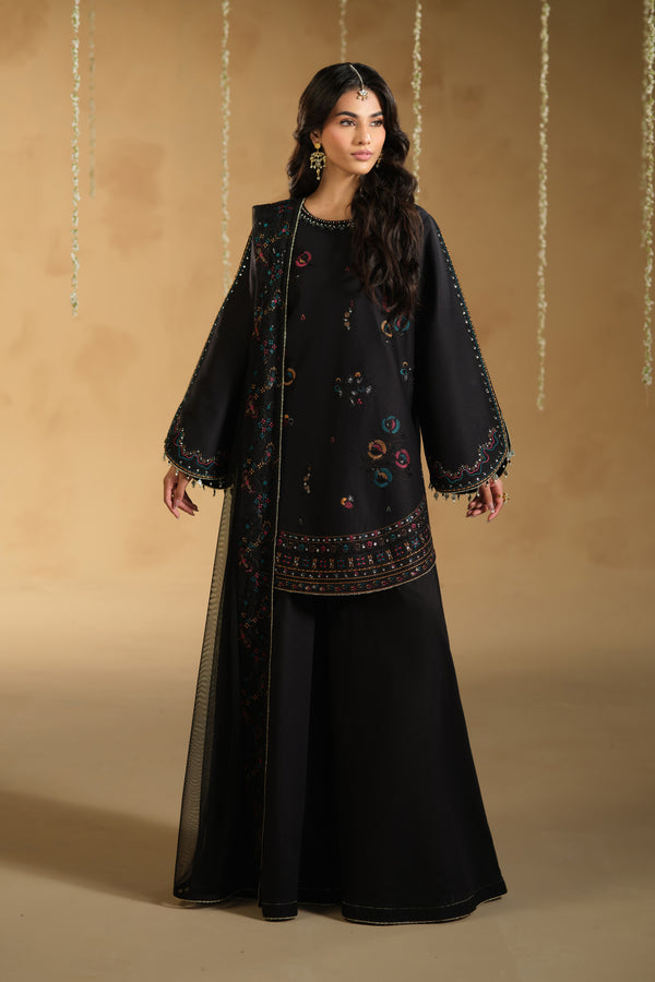 Lael 3 piece ready to wear black Eid outfit in Pima lawn embroidered shirt with cambric flare pants and bordered net dupatta – full front look