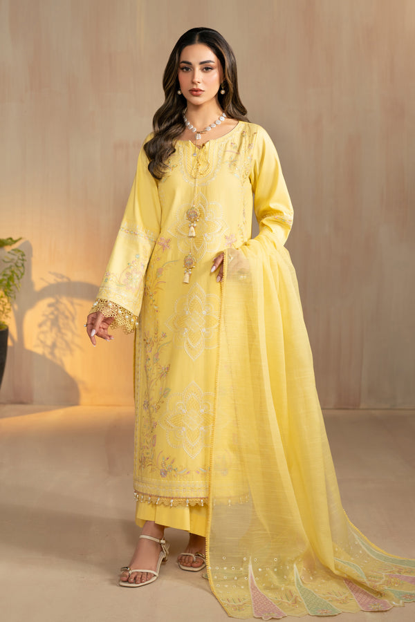 Sheiza yellow embroidered lawn 3 piece suit by NAQSHI, full front view long straight shirt with white thread embroidery, cambric culotte trousers and cotton organza dupatta, ready to wear summer outfit.