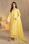 Sheiza yellow embroidered lawn 3 piece suit by NAQSHI, full front view long straight shirt with white thread embroidery, cambric culotte trousers and cotton organza dupatta, ready to wear summer outfit.
