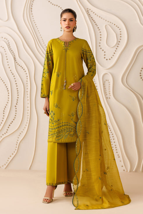 NAQSHI Evara mustard cambric ready-to-wear outfit with embroidered 3-panel shirt, straight cambric trouser, and cotton organza dupatta