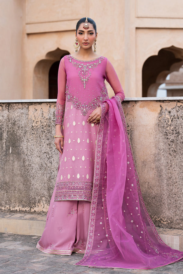 Shams lilac organza 3 piece semi formal dress with embroidered long shirt, flared trousers and organza dupatta from NAQSHI Tabeer collection