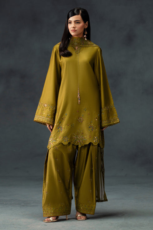 Woman wearing a traditional green outfit with intricate patterns against a dark background