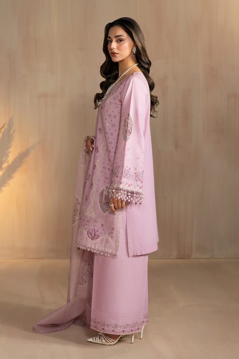 Side view of Shayleigh outfit showing straight shirt silhouette and soft dupatta drape, stitched modest summer eastern wear.