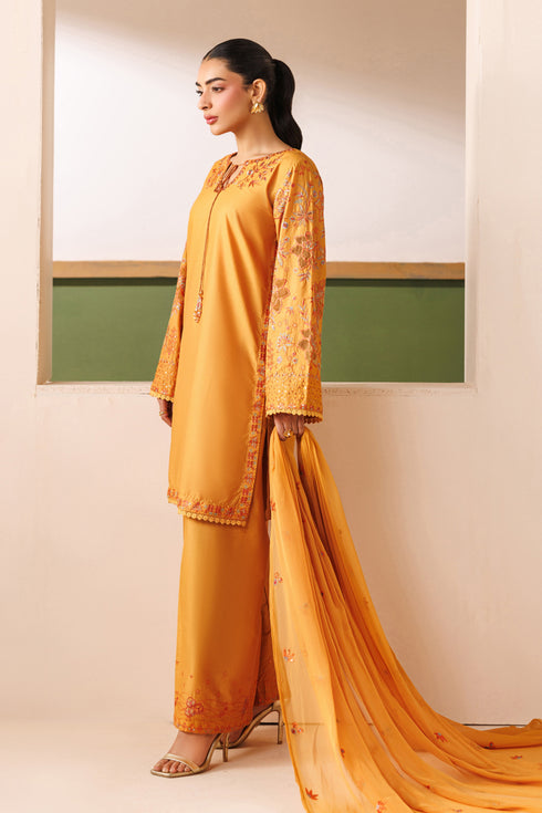 Side standing view of NAQSHI Lunara outfit highlighting embroidered culotte trousers and balanced casual silhouette