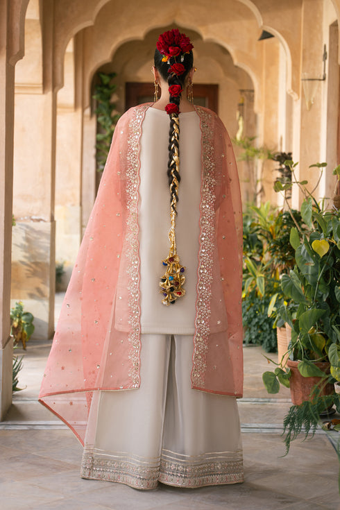 Back view of Ablaaj skin organza luxury pret outfit with carrot organza dupatta and flared pants