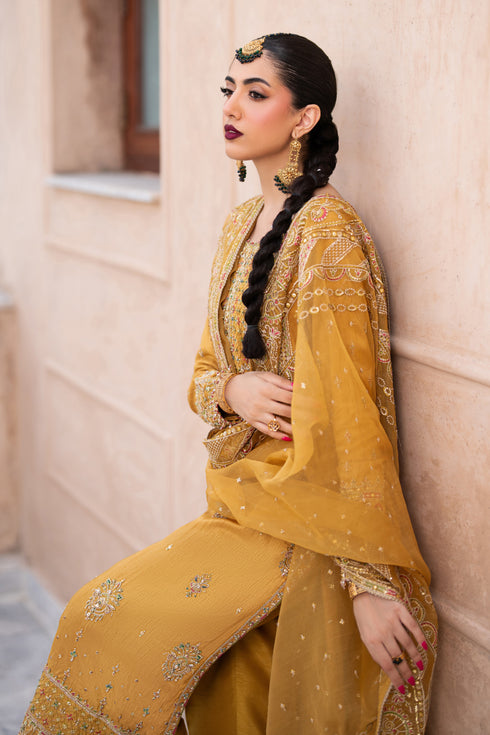NAQSHI Gul-e-Yusra side pose – embroidered sleeves and hem border in mustard silk