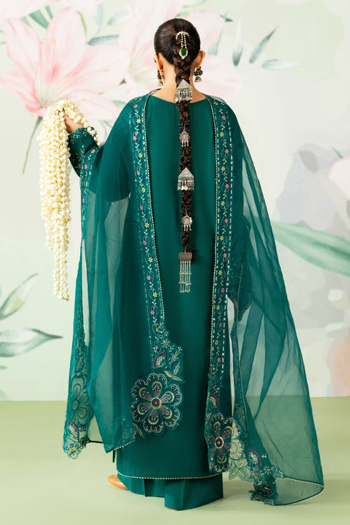 Side view of NAQSHI Ankita olive green outfit showing detailed lace sleeves and embroidered pearl neckline