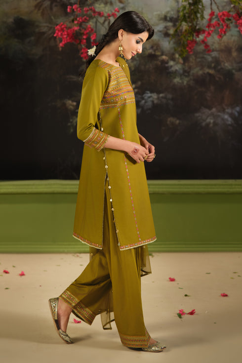 Side view of NAQSHI Umeed olive Pima lawn embroidered shirt with cambric trouser and soft net dupatta for summer festive wear