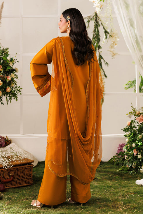 Back standing view of NAQSHI Mohib outfit showing straight shirt fall, loose sleeves, and embroidered culottes
