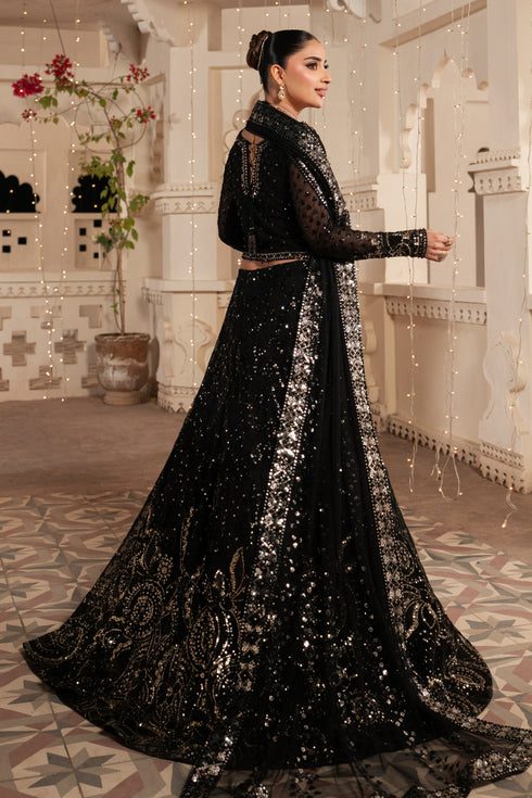Woman in a black embroidered dress standing in an ornate room.