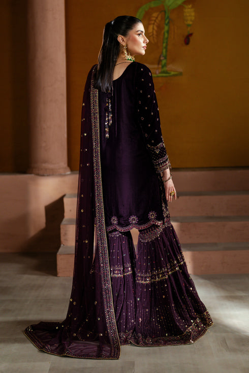 Woman in a dark purple traditional outfit with intricate designs standing in an indoor setting.