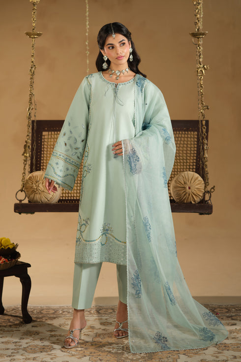 Front full length view of Kiswa ready to wear outfit with airy cotton net dupatta and soft festive styling