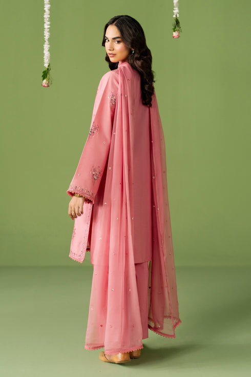 Back view of NAQSHI Saima outfit showing straight lawn shirt fall and flowing crinkle dupatta