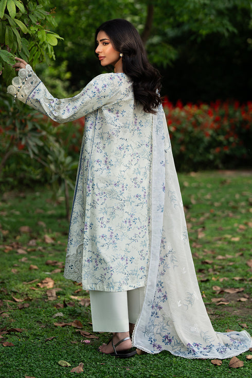 Back view of Jaizah off white lawn shirt with straight panels, loose airy sleeves and lace organza borders paired with cambric trouser