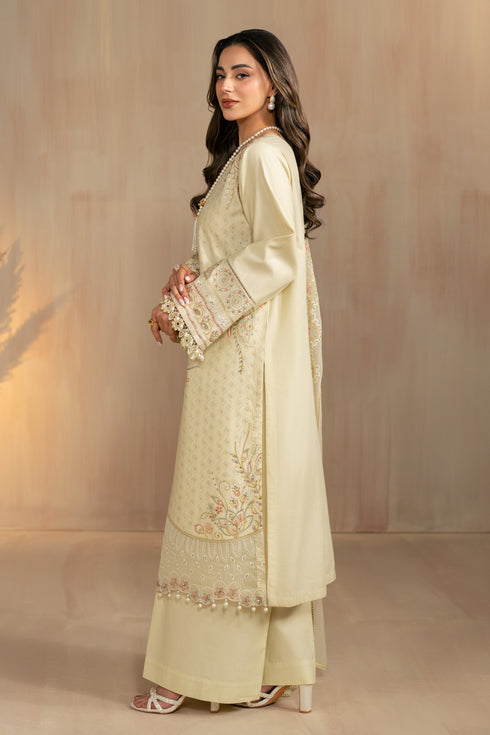 Side view of Nerissa outfit showing long shirt fall and lightweight dupatta drape, stitched modest eastern summer dress.