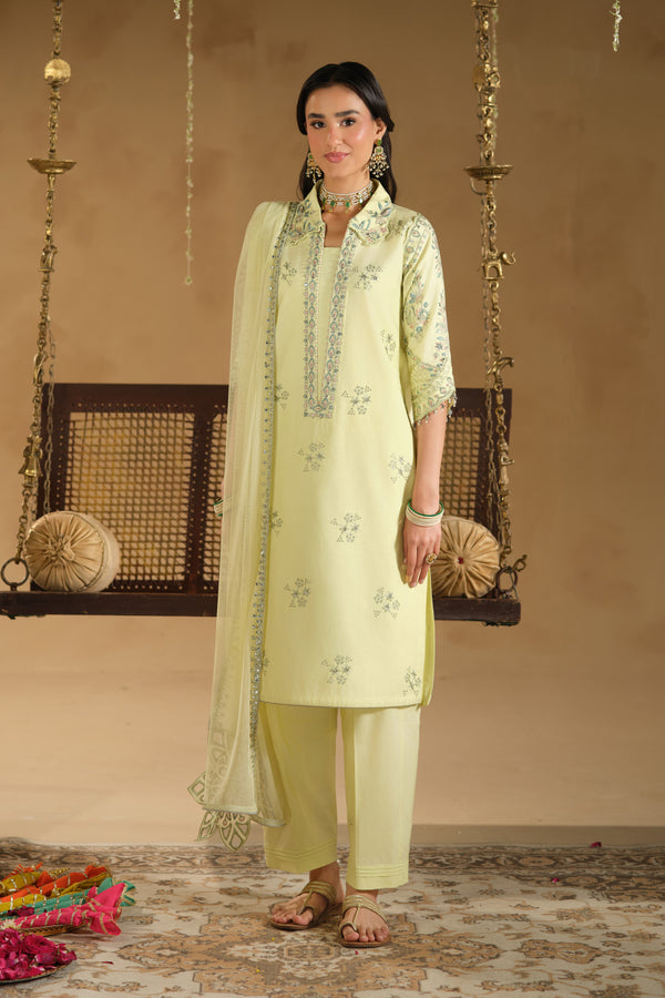 Nagma 3 piece ready to wear Eid outfit in light lime Pima lawn A-line shirt with fine embroidery, cambric culotte trousers and airy net dupatta – full front look