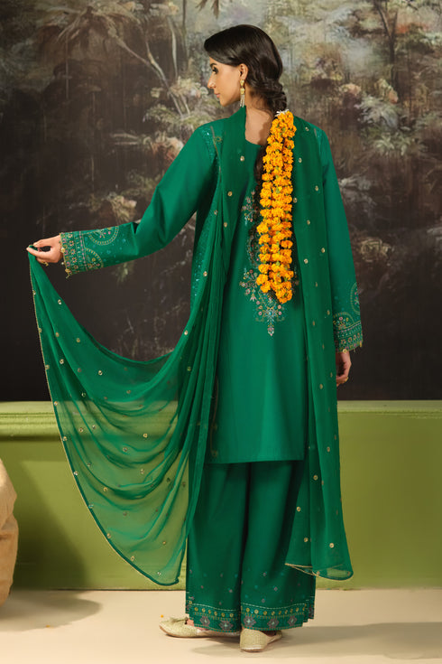 NAQSHI Malika green embroidered Pima lawn shirt with flowing crinkle dupatta and cambric culotte trousers