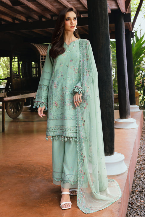 Sultana by NAQSHI angled view showing side embroidery detail and structure of shirt panels