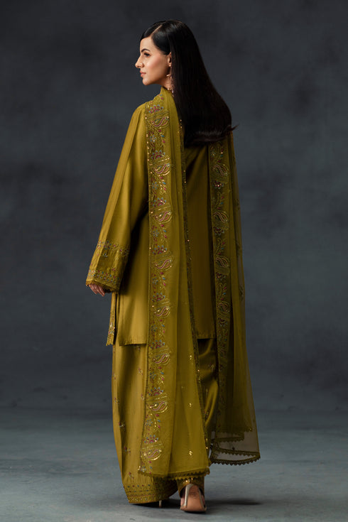 Nazish by NAQSHI back or side view showing square armholes, embroidered sleeves and flow of the shalwar