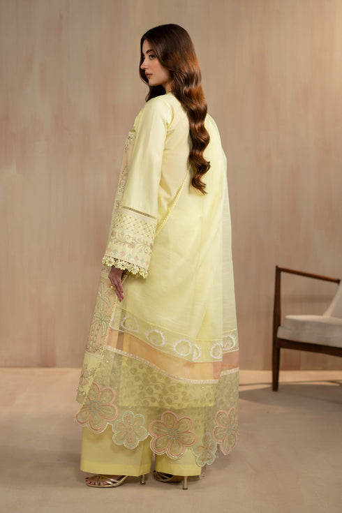 Back view of Akasha outfit showing long shirt length and light dupatta fall, breathable stitched eastern summer dress.